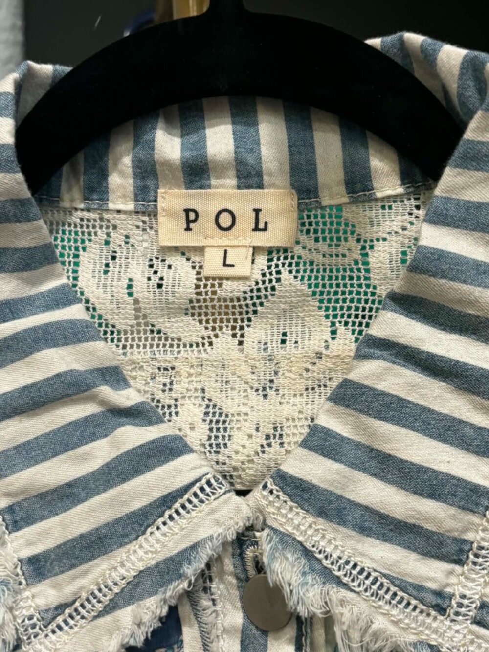 POL Blue Striped Paisley Lace Patchwork Button-Down Shacket Size L - Picture 2 of 4